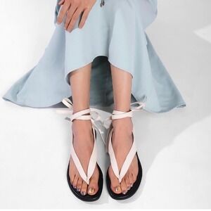 Women White Lace Up Ankle Tie Thong Flat Gladiator Sandals H34 Size 9 NEW